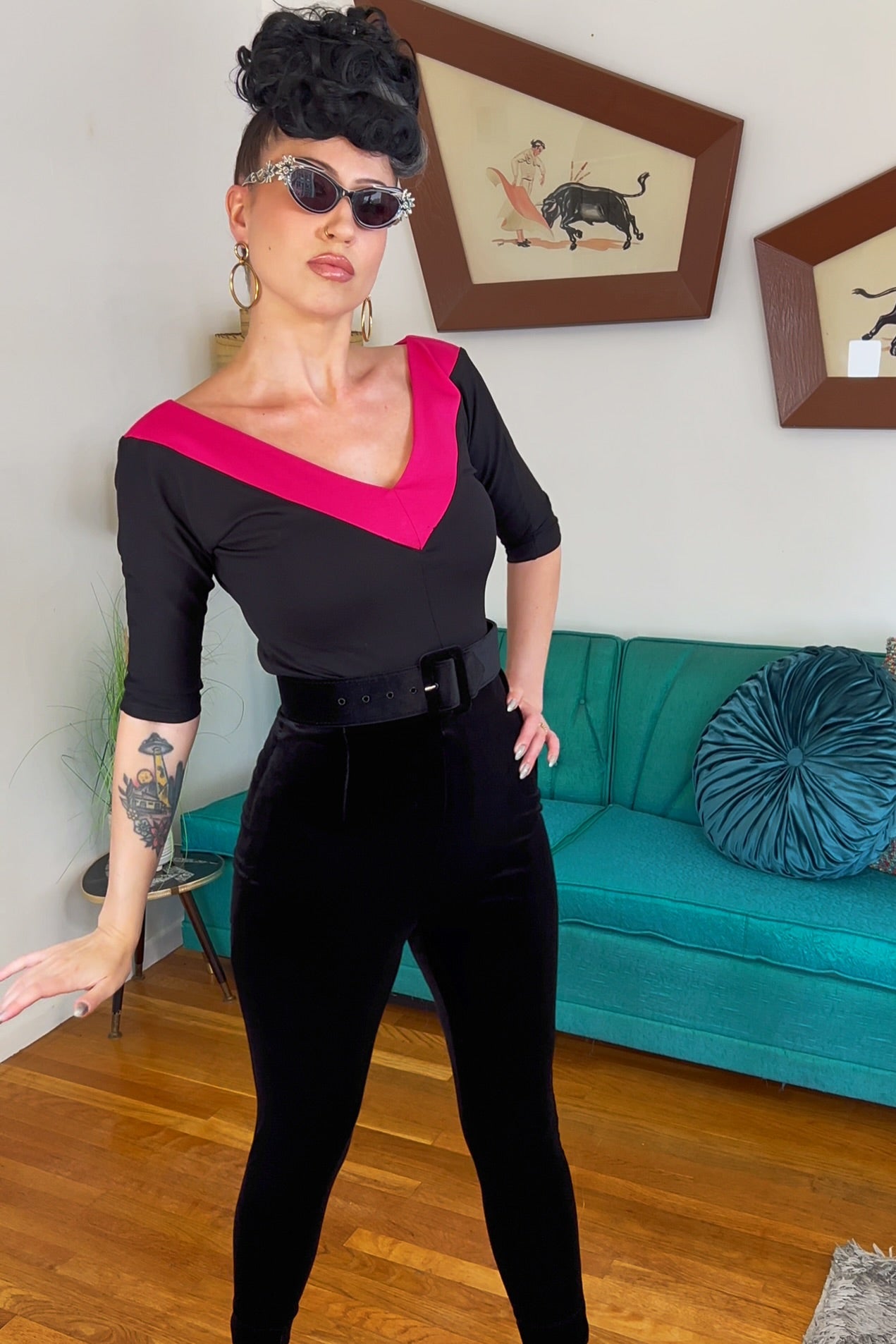 Midcentury V Top in Black and Pink Stripe