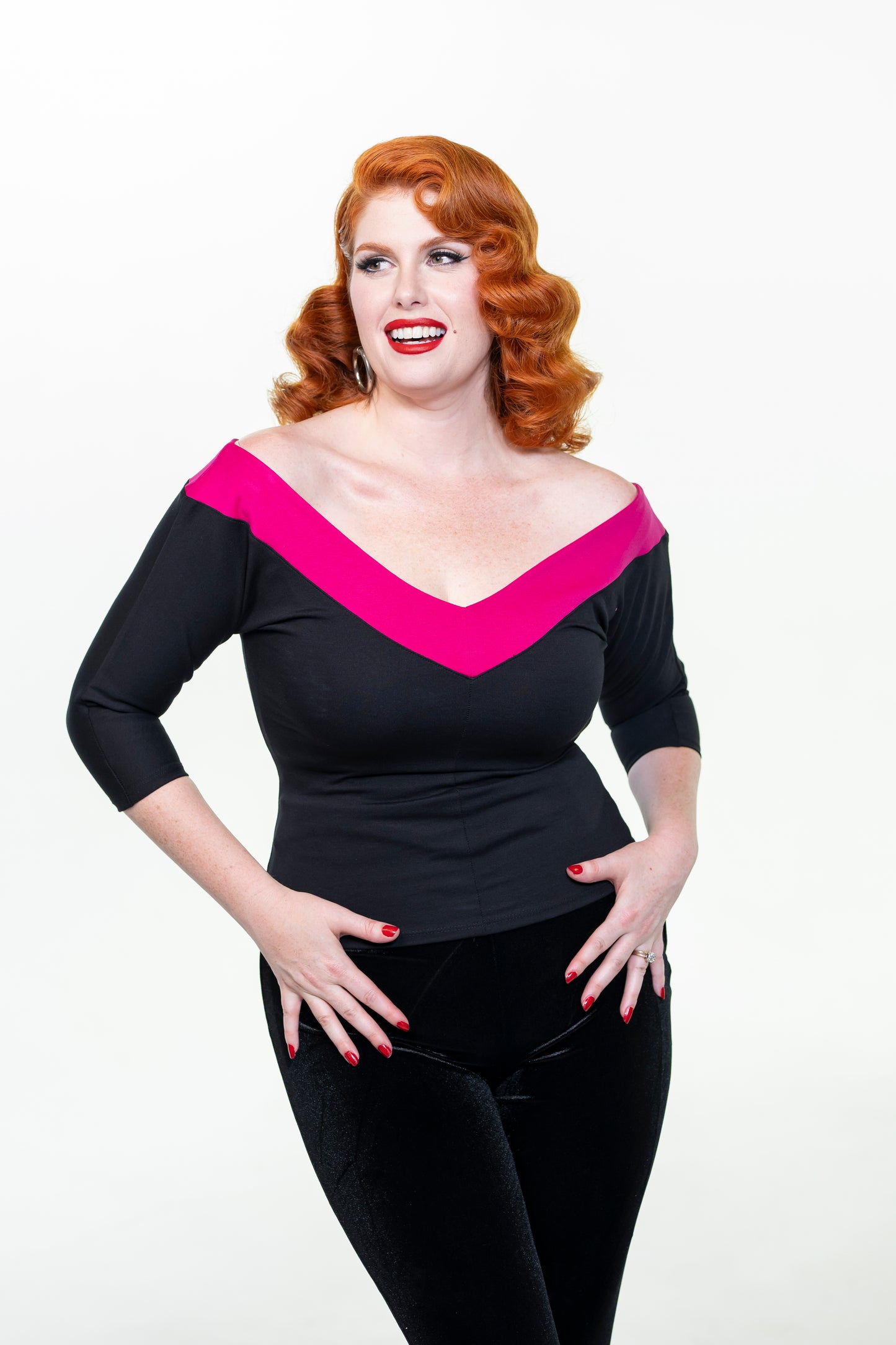 Midcentury V Top in Black and Pink Stripe