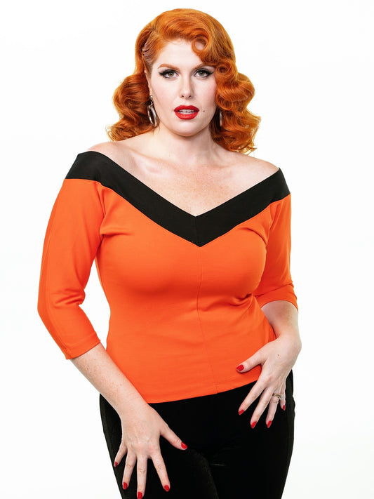Midcentury V Top in Orange and Black Stripe