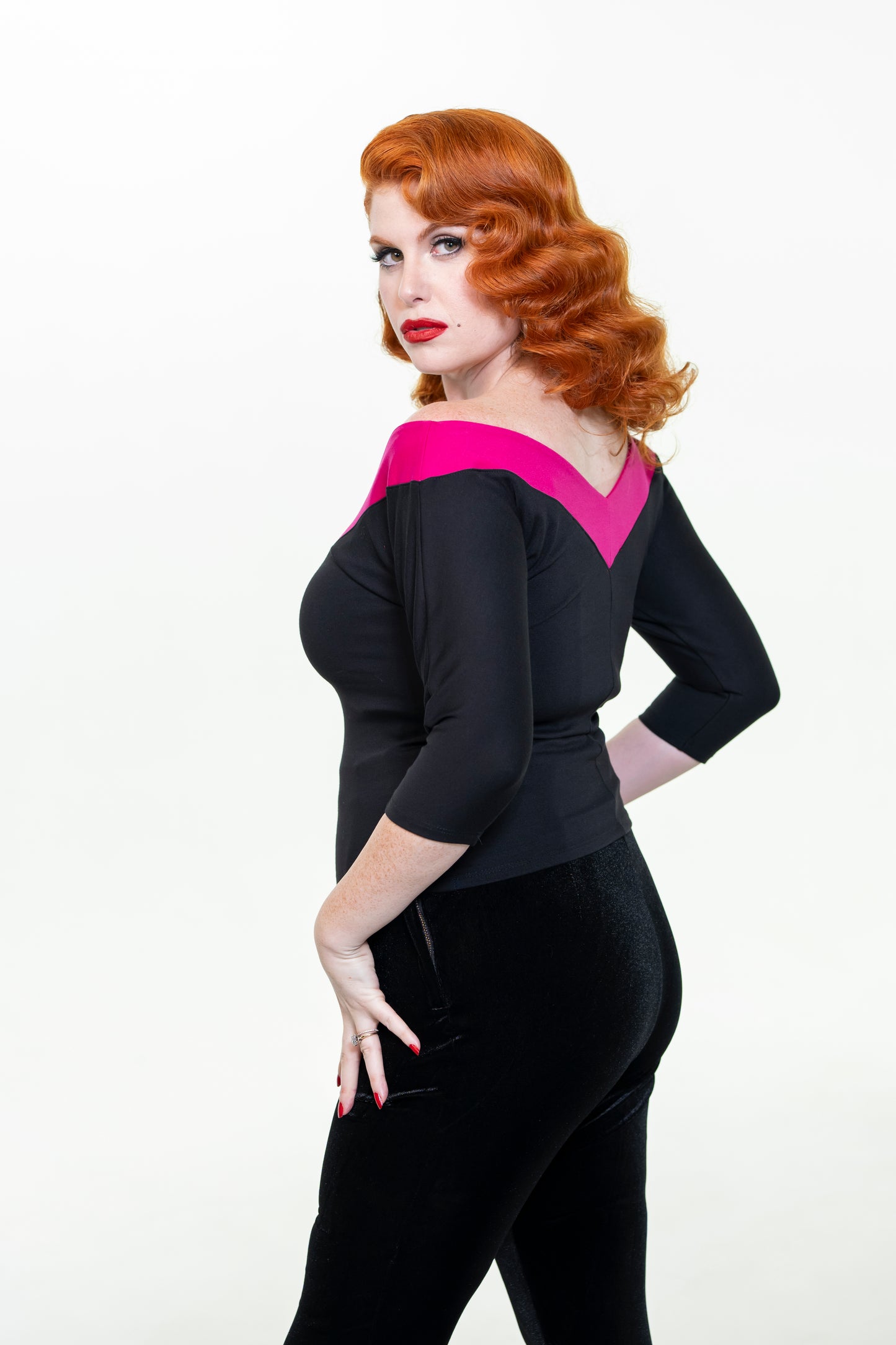 Midcentury V Top in Black and Pink Stripe