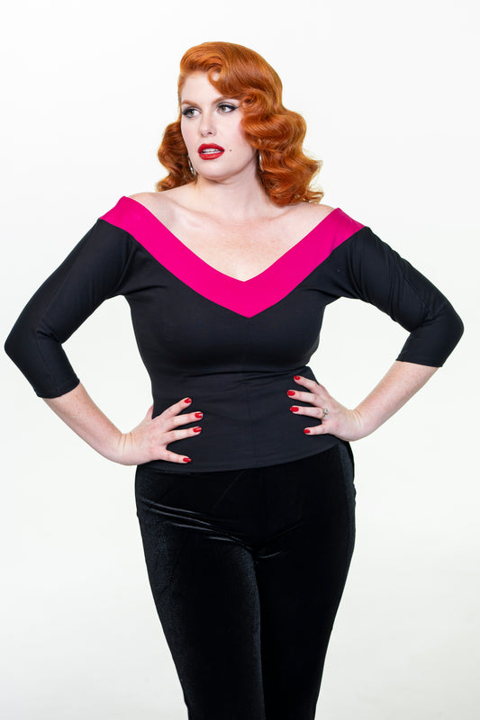Midcentury V Top in Black and Pink Stripe