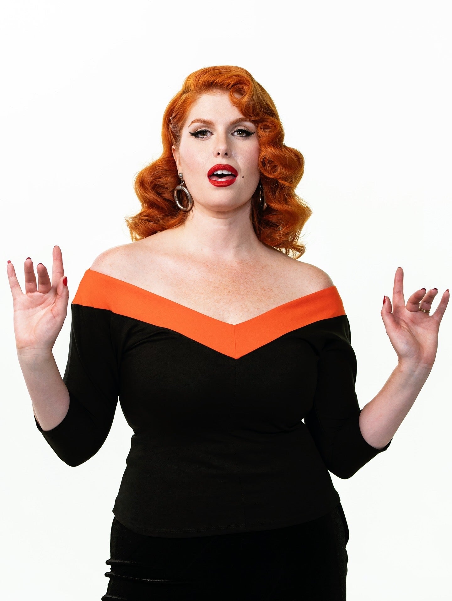Midcentury V Top in Black and Orange Stripe
