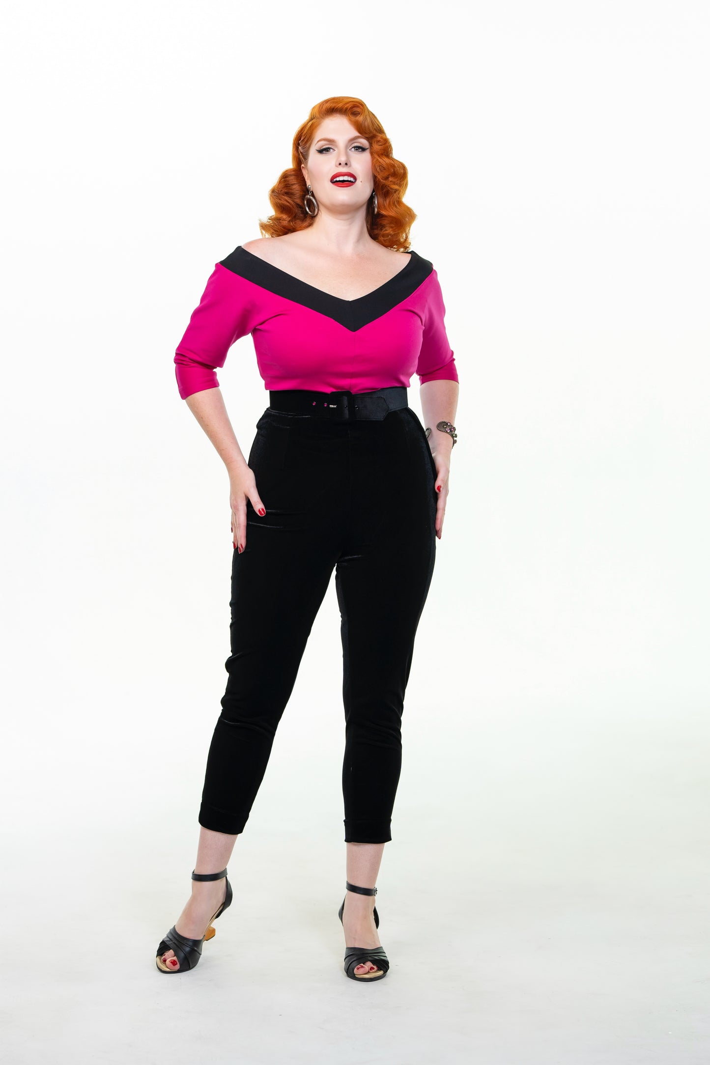 Midcentury V Top in Pink and Black Stripe
