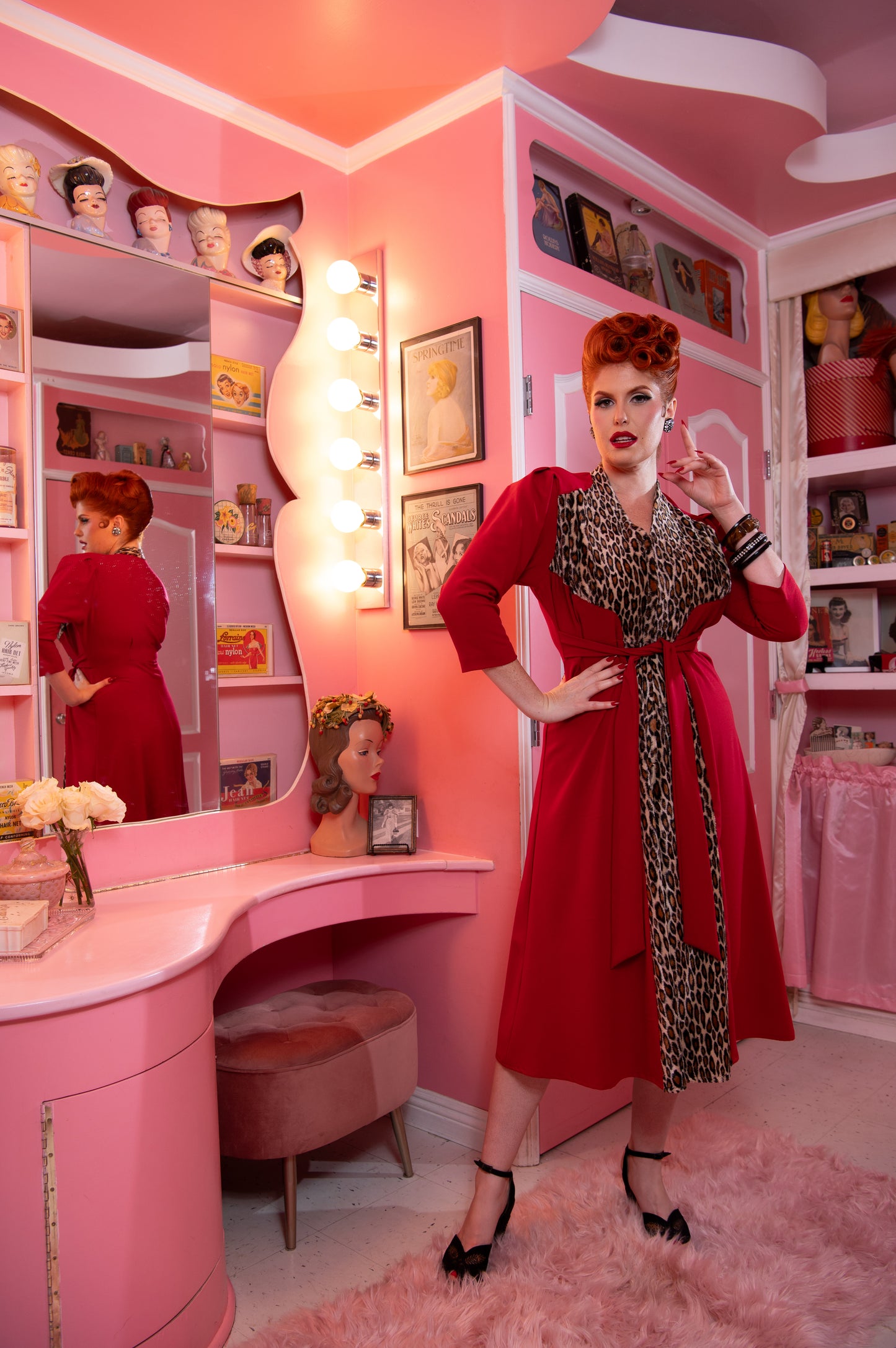 Broadway Babe Dress in Red & Leopard