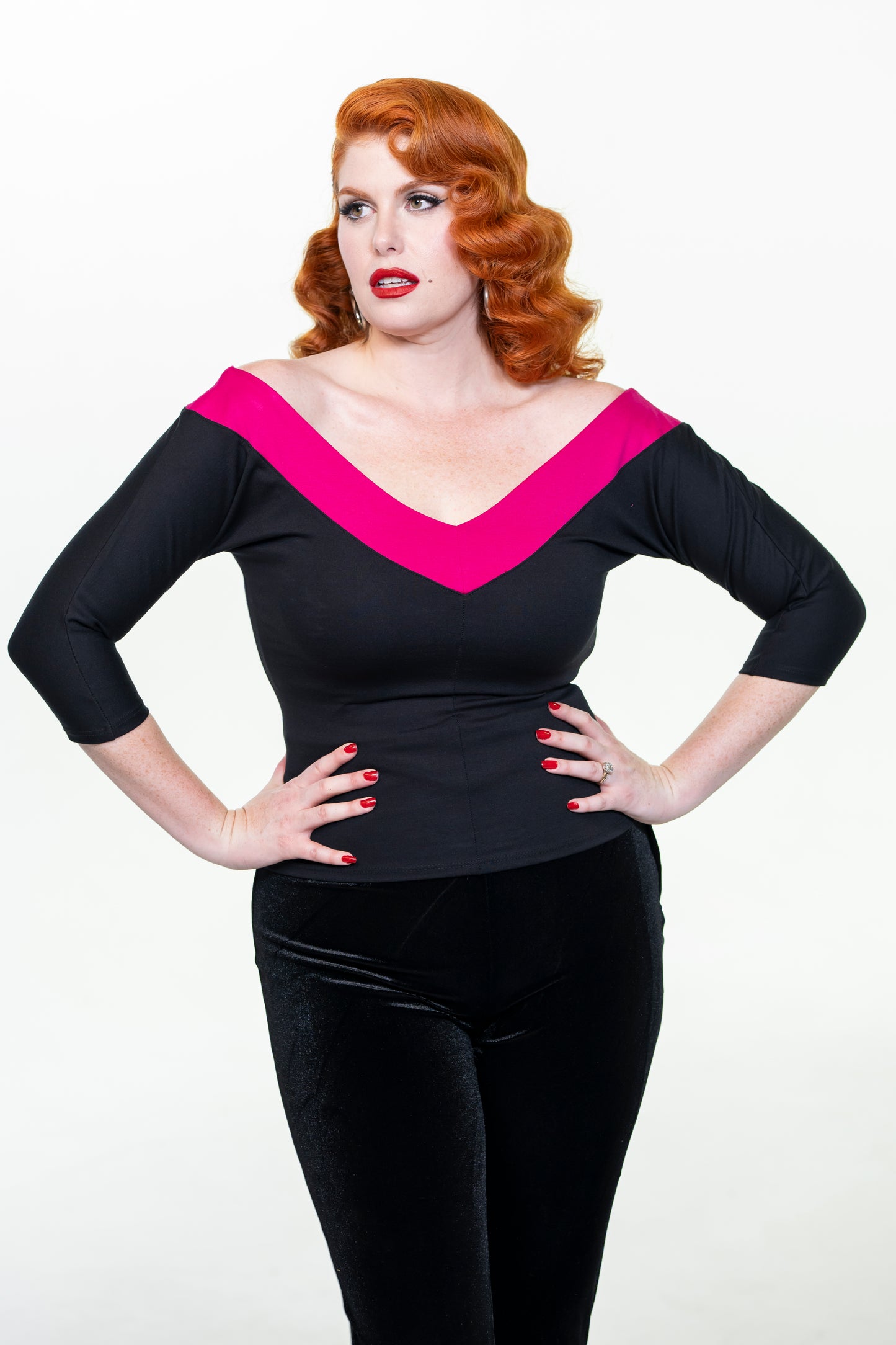 Midcentury V Top in Black and Pink Stripe