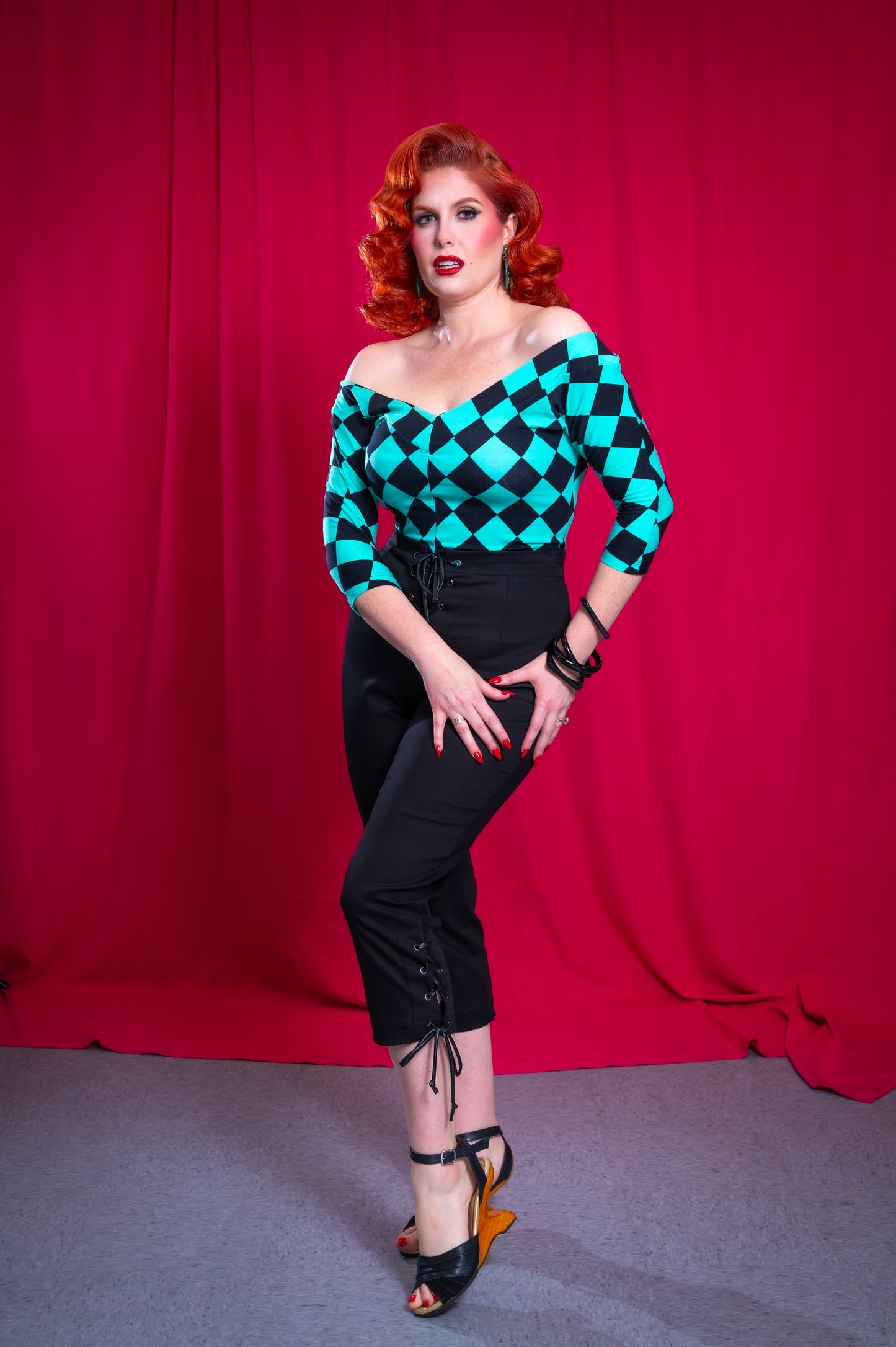 Midcentury V Top in Black & Teal Harlequin
