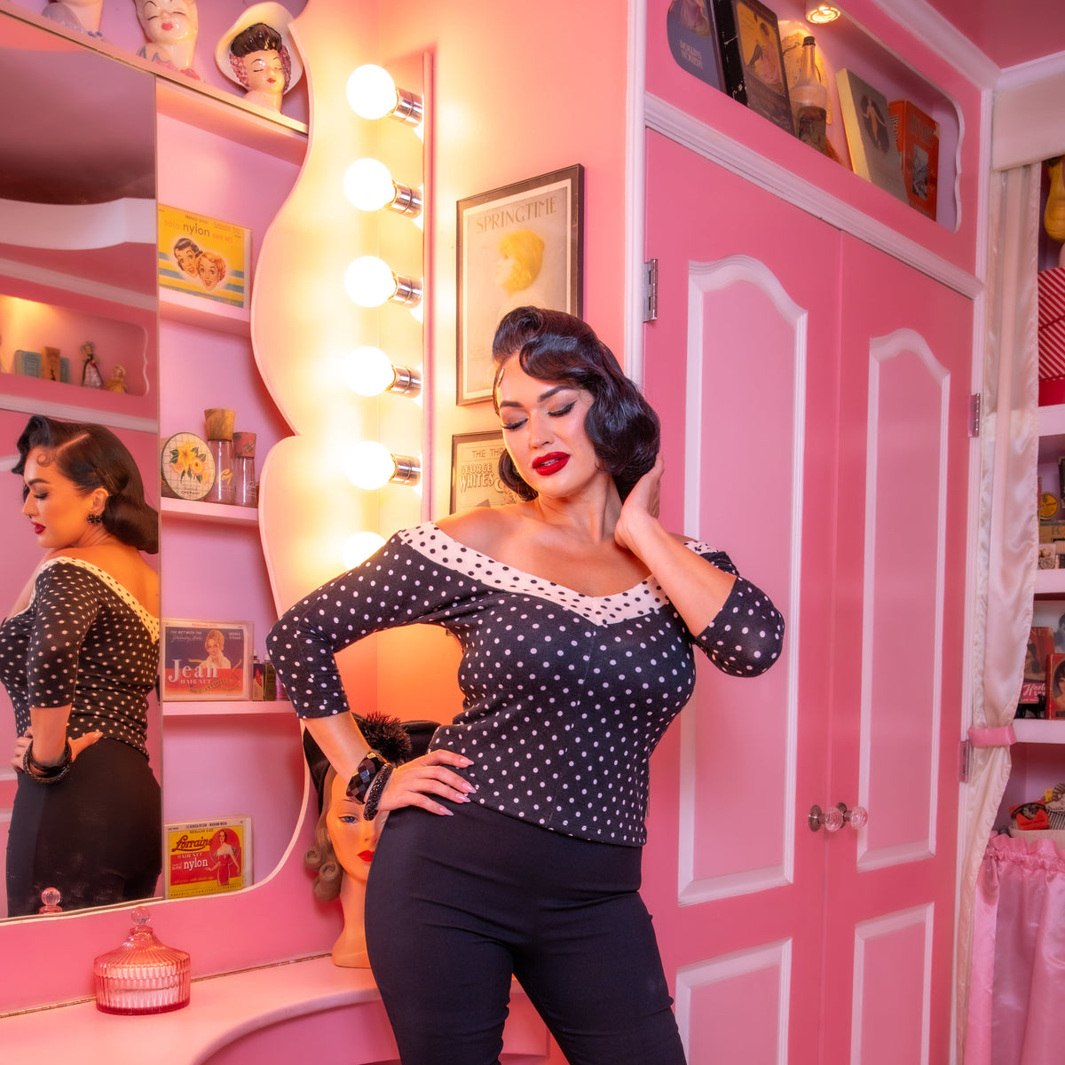 Midcentury V Top in Black Polka Dot