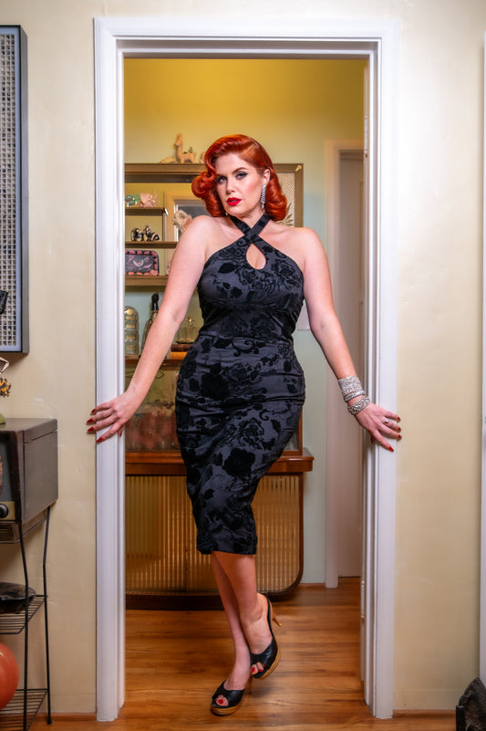 The Peek-a-Boo Dress in Flocked Velvet PREORDER