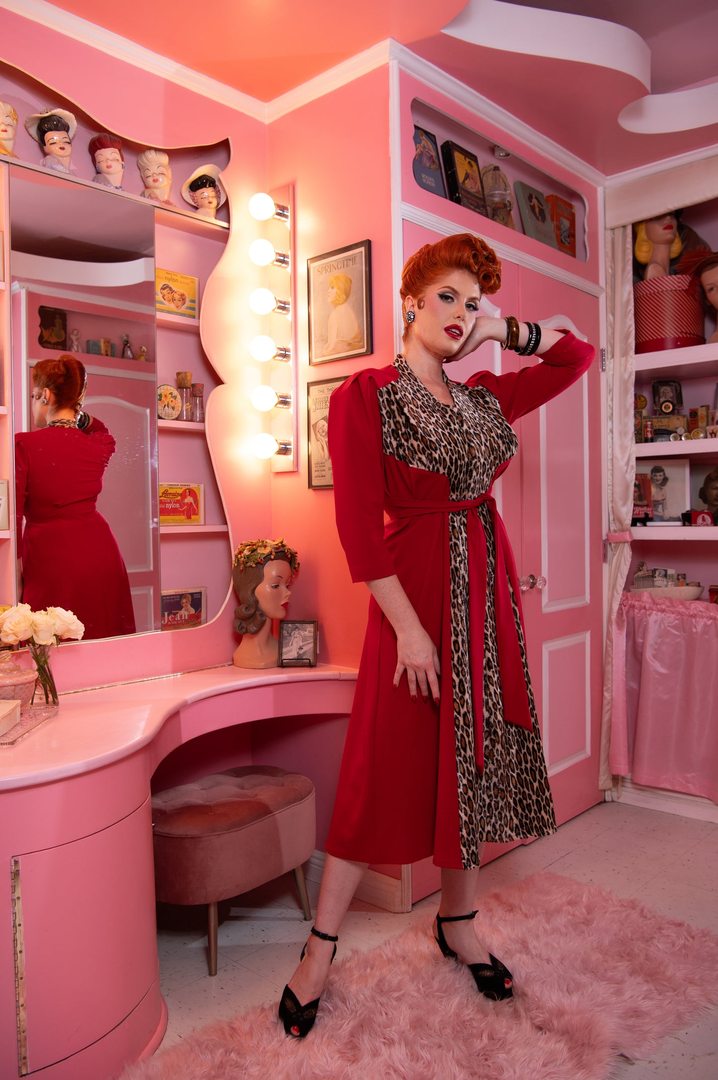 Broadway Babe Dress in Red & Leopard