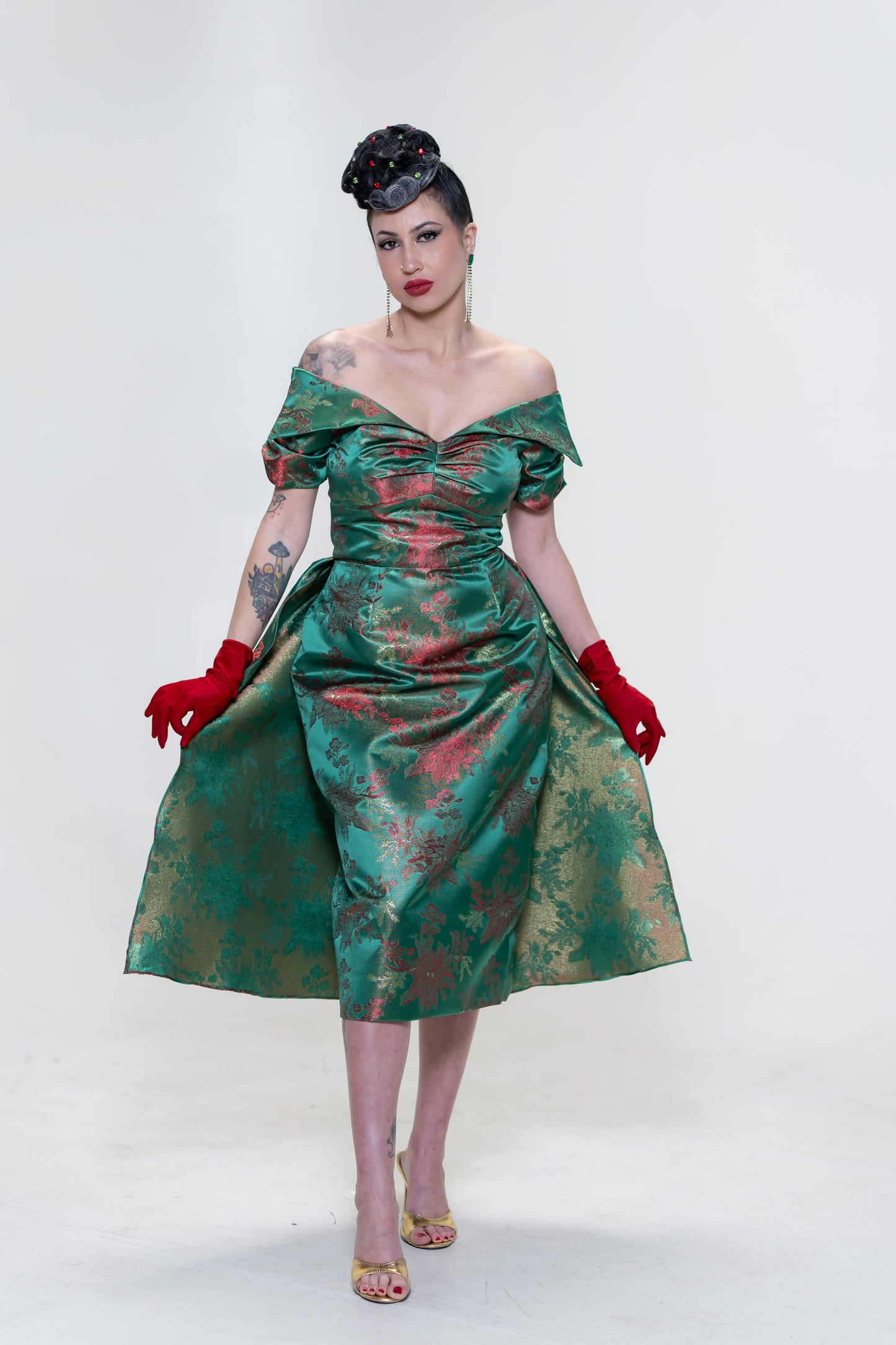 The Brocade Bliss Dress in Green & Red