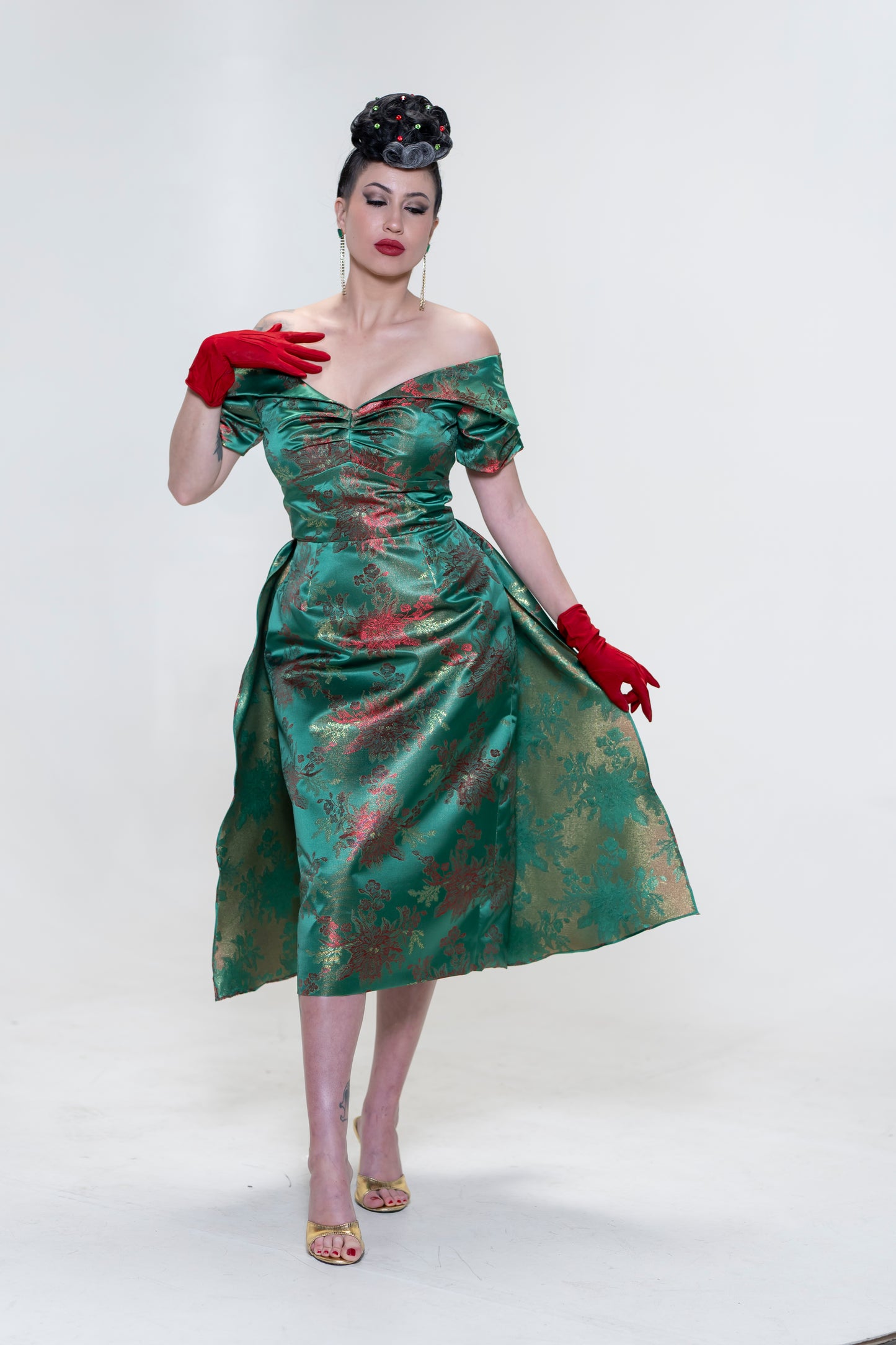 The Brocade Bliss Dress in Green & Red