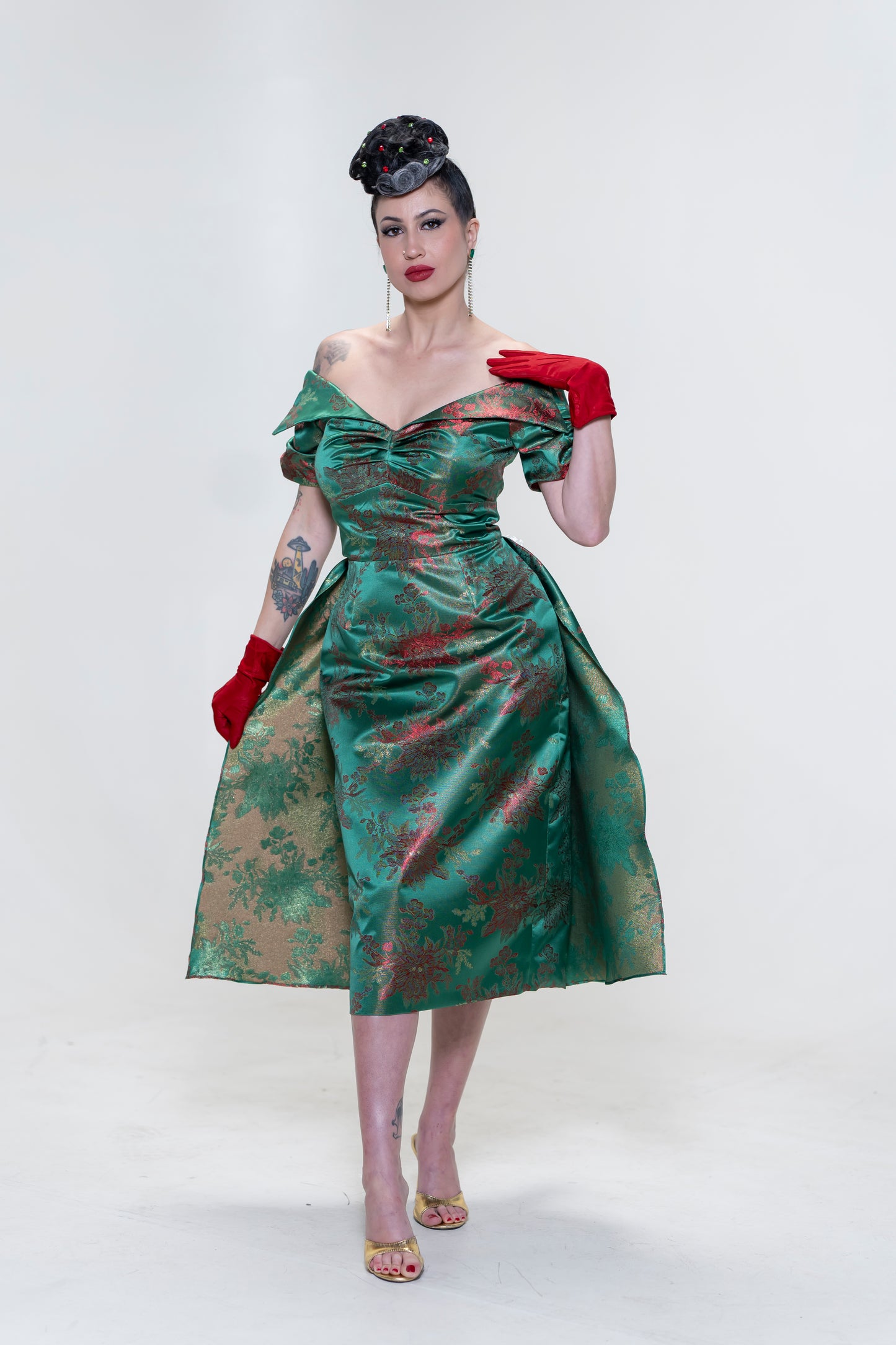 The Brocade Bliss Dress in Green & Red