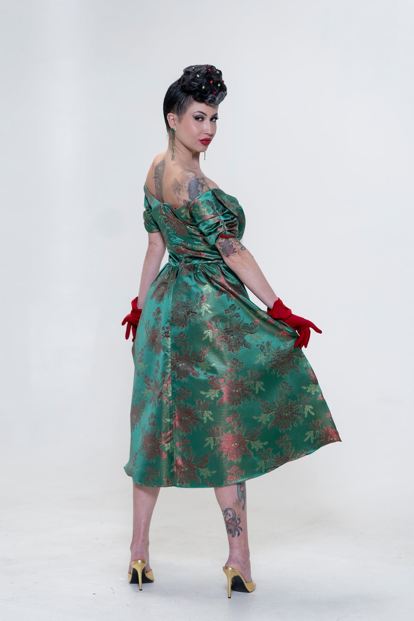 The Brocade Bliss Dress in Green & Red